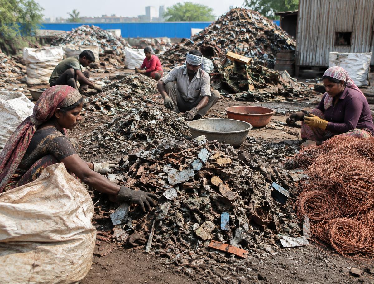 Workers sorting bulk scrap materials into separate piles at a scrap handling yard