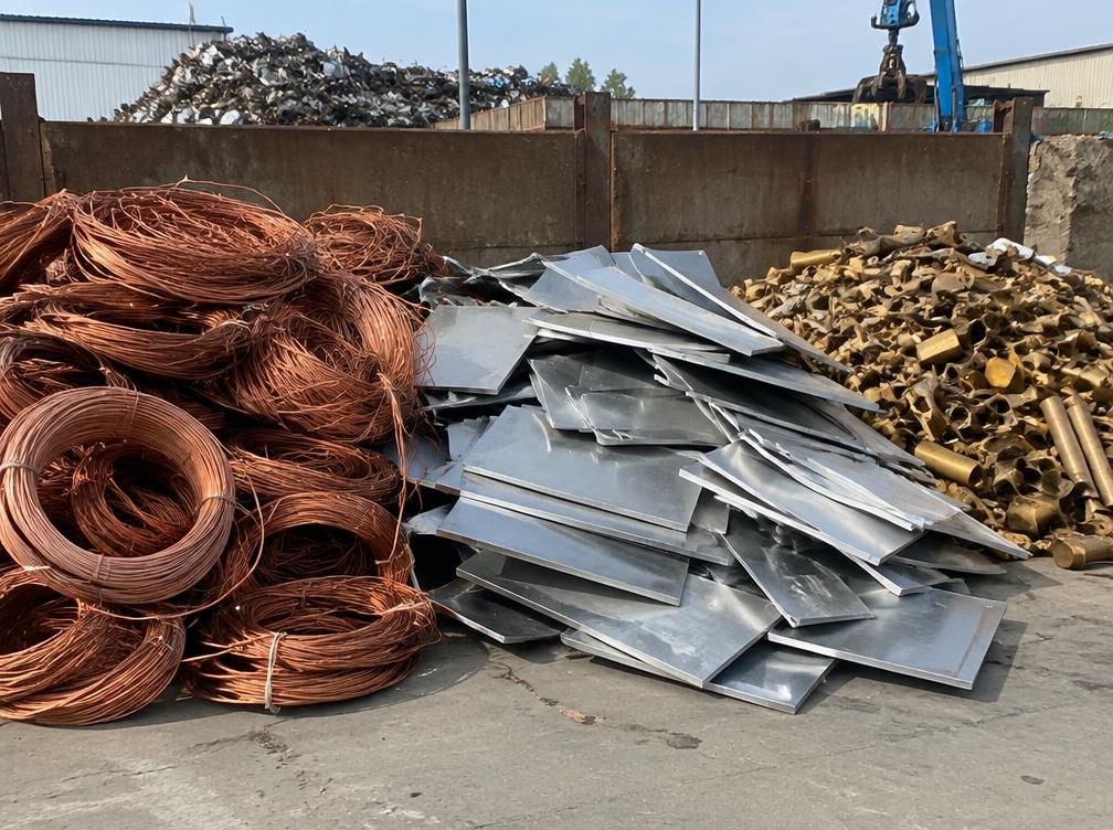 Copper wire coils, aluminium sheets and brass scrap sorted in piles