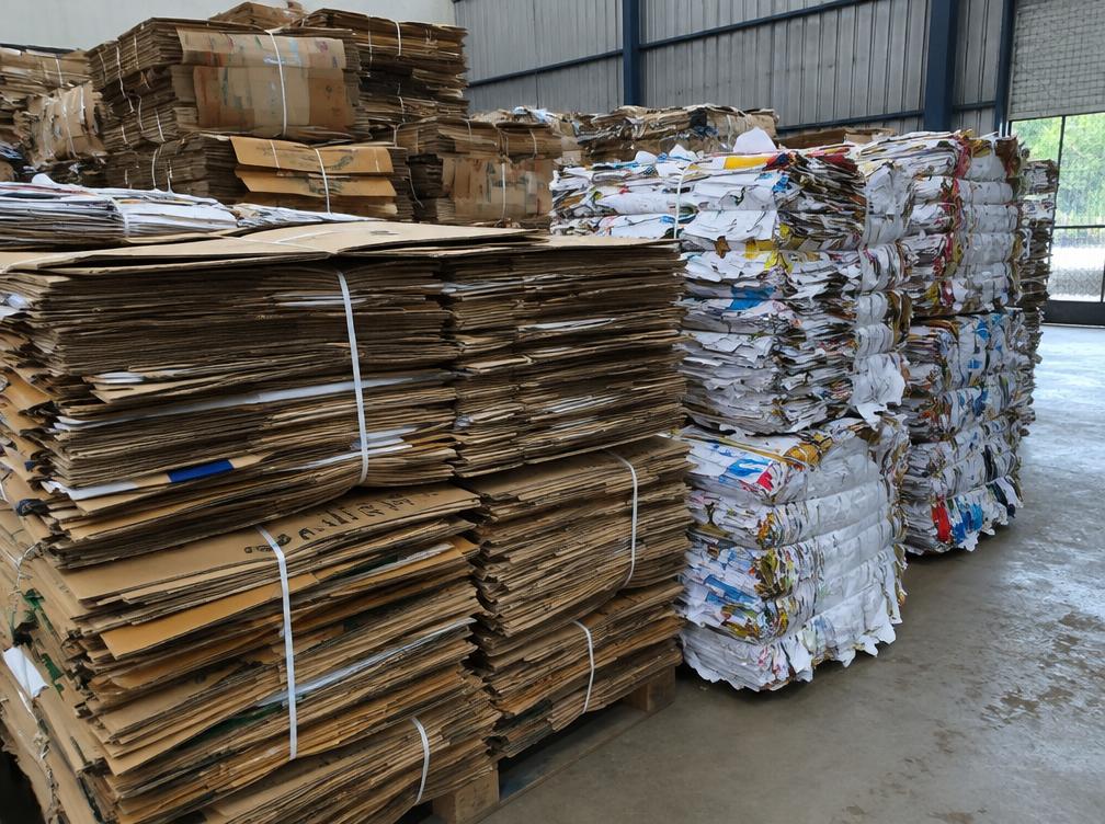Stacks of flattened cardboard cartons and waste paper