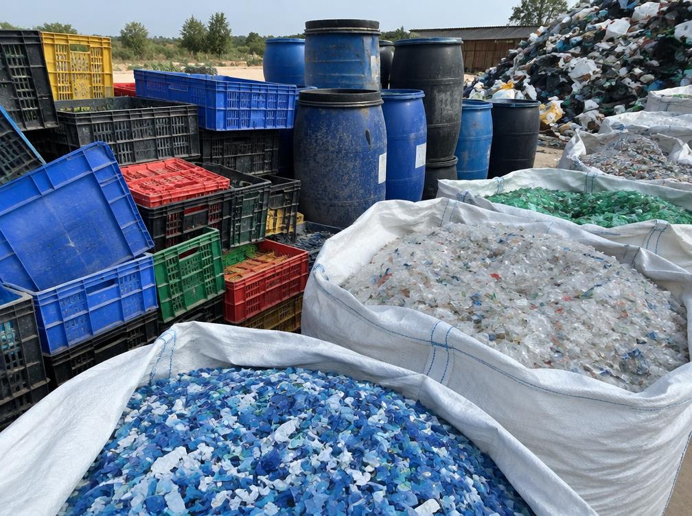 Sorted plastic crates, drums and plastic flakes