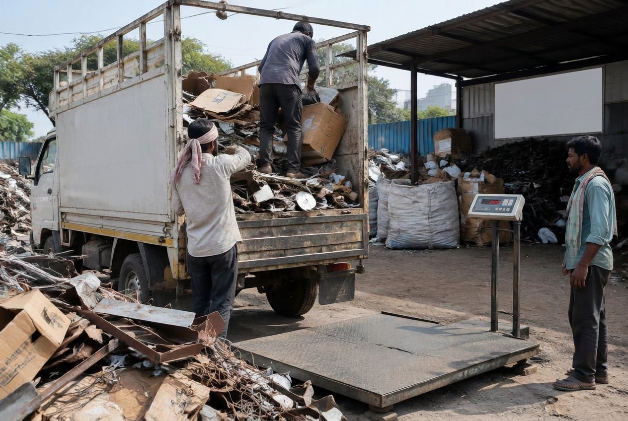 Scrap being unloaded and weighed at a scrap yard