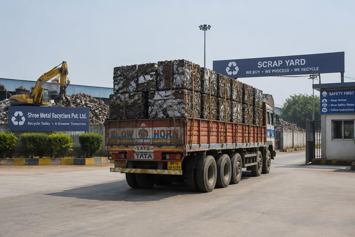 Lorry loaded with baled iron scrap leaving a yard for delivery